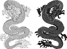 Traditional Japanese Dragon With Cherry Blossom And Wave For Tattoo Design.Hand Drawn Chinese Dragon For Printing On Shirt.Beautiful Line Art Of Dragon Vector For Painting On White Isolated Background