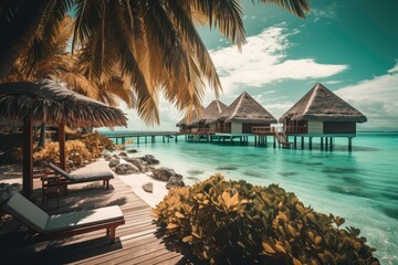 Wall Mural - A luxurious hotel near a blue sea and a seascape with palm tree leaves and water villas. beach umbrellas, beds, and chairs. Holiday and summer vacation, beach resort on a tropical island. Generative