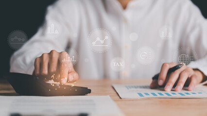 Aufkleber - Businessman reading reports, graphs and charts, business statistics ,and use a calculator calculate business growth ,Analysis and improvement of corporate strategy ,Statistics and Data Concepts