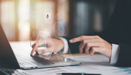 Aufkleber - Businessman Audit documents, quality assessment management With a checklist, business document evaluation process, market data report analysis and consulting, and improvement of corporate strategy