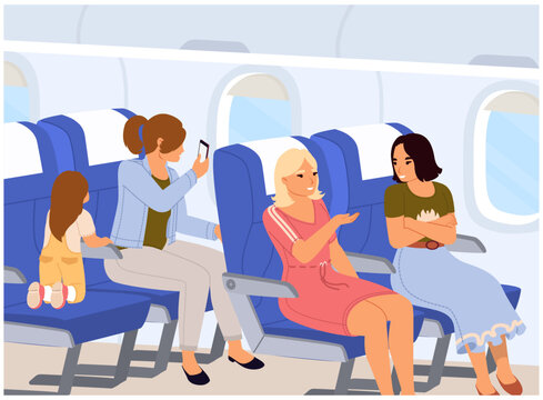 Fototapete - Happy people passengers inside airplane vector illustration