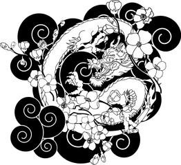 Wall Mural - Traditional Japanese dragon with cherry blossom and wave for tattoo design.Hand drawn Chinese dragon for printing on shirt.Beautiful line art of dragon vector for painting on white isolated background