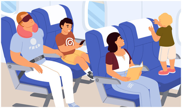Fototapete - Vector flight passengers with children in plane illustration