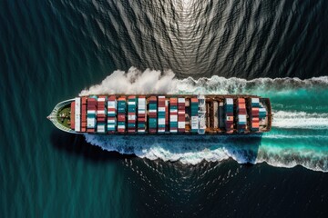 Canvas Print - a loaded container cargo ship traveling over a calm ocean in the front from above. Generative AI