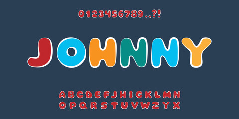 Comic alphabet, plump cartoon-style font, uppercase letters and numbers. Typography comics, children goods, logos. Vector illustration.