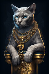 Wall Mural - stylish fashionable cat rapper in gold chains. Generative AI illustration