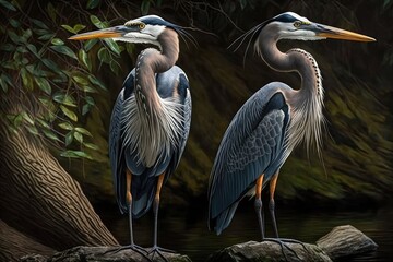 Design of two colorful Great Blue Heron - These majestic birds with their long legs and blue-gray plumage are a popular sight in wetlands and along waterways during the spring season.