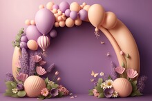 Generative AI Of A Pink Balloon Arch With Flowers And Butterflies.