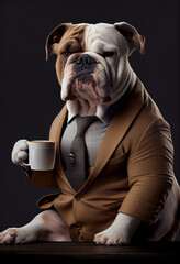 a bulldog wearing a suit and tie holds a cup of coffee. generative ai