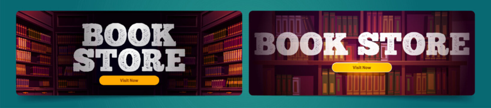 Book store cartoon web banners, online shop landing page templates with bookcases in dark room and grunge typography. Digital library archive, reading app or service for readers Vector illustration