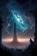 Wall Mural - Journey at Fantasy Nature. Clear Sunny day, Sky with Movie Atmosphere and Wonderful Cloud, Beautiful Colorful Landscape, Anime Comic Style Art. For Poster, Novel, UI, WEB, Game, Design