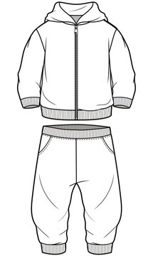 baby boys and girls unisex hoodie jacket and pant sweat set flat sketch vector illustration technical cad drawing template