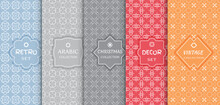 Set Of Seamless Line Patterns, Colored Background. Stylish Decorative Vintage, Retro, Arabic, Christmas Label Decor Set. Abstract Geometric Frame, Vector Illustration. Art Deco Style, Light Colors