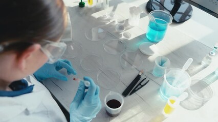 Aufkleber - Medical science laboratory with biotech scientist developing medicine, female biochemist working at computer in pharmaceutics. Research of medical analyzes and experiments. Rear and side view Shot