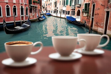 Coffee cups on a table in cafe overlooking of a venetian canal with gondolas. AI generative. Generative AI