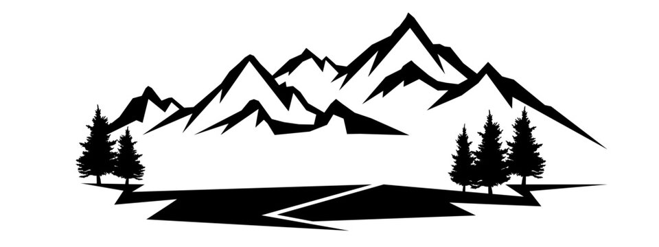 Fototapete - Black silhouette of mountains peak rock and fir trees camping adventure outdoor landscape panorama illustration icon vector for logo, isolated on white background