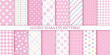 Pink Backgrounds. Scrapbook Seamless Pattern. Set Baby Girl Prints. Baby Shower Packing Paper With Polka Dot, Flowers, Hearts And Plaid. Cute Pastel Textures For Scrap Design. Vector Illustration
