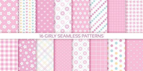Pink backgrounds. Scrapbook seamless pattern. Set baby girl prints. Baby shower packing paper with polka dot, flowers, hearts and plaid. Cute pastel textures for scrap design. Vector illustration