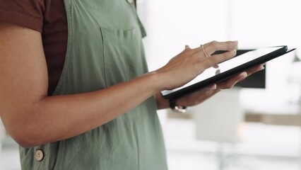 Poster - Closeup, hands and woman with tablet, typing and connection for social media, search internet pr small business owner. Female entrepreneur or employee with device for startup and website launch