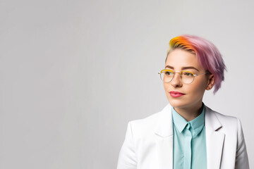 Wall Mural - Gen-Z in business. Portrait of a young businesswoman with colorful haircut wearing a suite. Solid white background.