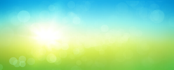 Poster - Fresh spring abstract background with bokeh and sun glow. Graphic element with blue and green horizontal colour gradients.