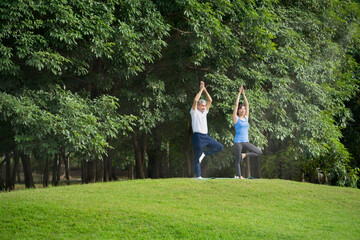 asian young female helps asian senior with grey hair doing yoga in the park, father and daughter in sportswears workout together, concept of people lifestyle, health care, family relationship