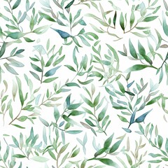 Wall Mural - Floral watercolor pattern with green leaves and branches 