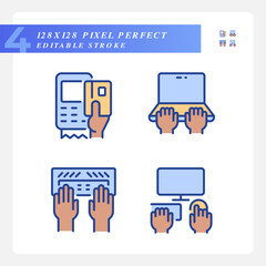 Poster - Black hands using devices pixel perfect RGB color icons set. Opportunity for technology users. Computing. Isolated vector illustrations. Simple filled line drawings collection. Editable stroke