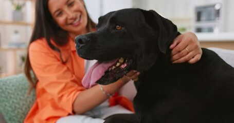 Canvas Print - Woman, dog and care on living room sofa in home for love, touch or friends embrace for happiness. Doggy mom, couch and lounge with pet, animal or black labrador with smile, relax or bonding together