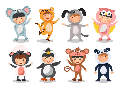 Fototapete - Set of happy children is wearing animal costumes . Koala bear Tiger Dog Owl Sheep Penguin Monkey Panda . Flat cartoon characters design . Vector .