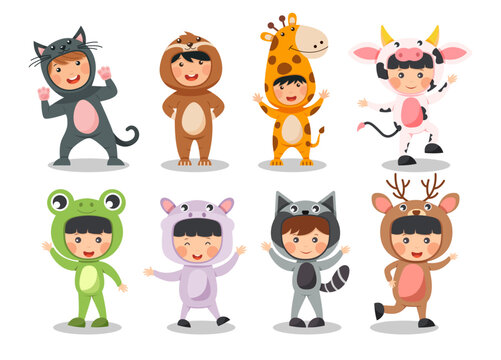 Fototapete - Set of happy children is wearing animal costumes . Cat Sloth bear Giraffe Cow Frog Hippopotamus Raccoon Deer . Flat cartoon characters design . Vector .