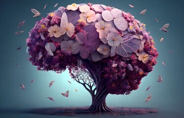 Human brain tree with flowers and butterflies, self care and mental health concept, positive thinking, creative mind, generative AI