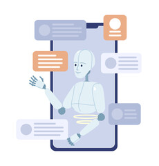 Fototapete - AI virtual assistant on mobile phone flat concept vector spot illustration. Editable 2D cartoon device with character on white for web design. Voice commands creative idea for website, mobile app