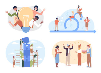 Poster - Effective team dynamics flat concept vector spot illustrations pack. Editable 2D cartoon characters on white for web design. Growing together creative ideas collection for website, mobile app