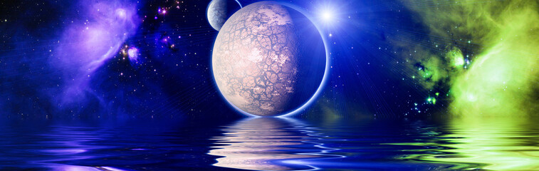 Wall Mural - beautiful unusual space planet in space reflected in water, galaxy stars night sky ,elements of this