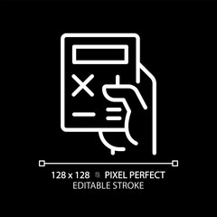 Sticker - Hand with calculator pixel perfect white linear icon for dark theme. Electronic device for counting. Office and school tool. Thin line illustration. Isolated symbol for night mode. Editable stroke