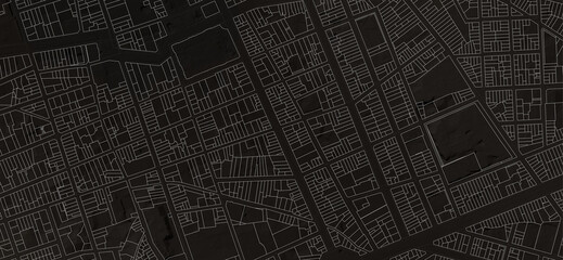 Wall Mural - Urbanisme et territoire - plan cadastral avec limites de parcelles et bâtiments du centre ville d'une métropole sur fond noir