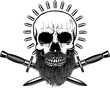 Illustration of the skull with crossed knives. Design element for logo, label, sign, emblem. Vector illustration