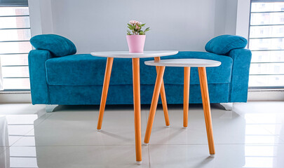 two tri tables with a comfortable sea blue color sofa placed with pink flower pot to make a perfect living room side. Natural lights coming from the window