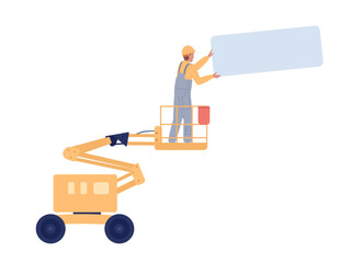 Fototapete - Worker with panel standing on aerial lift semi flat color vector character. Construction site. Editable concept on white. Simple cartoon style spot illustration for web graphic design and animation