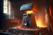 massive anvil with hammer in blacksmith shop against backdrop of burning furnace, created with generative ai