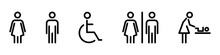 Vector Toilet Line Icon Set. Editable Stroke. Bathroom For Men, Women, Mothers With Baby And Handicap. Collection Of Restroom Signs. Toilet For Male, Female, Parents With Child And Disabled. WC.