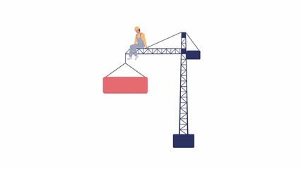 Poster - animated worker on tower crane. building machine on construction site. 2d cartoon flat character 4k 