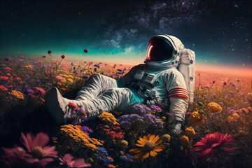 Wall Mural - astronaut or space man relaxing on a planet on a beautiful field of flowers. freedom and creativity 