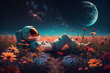Wall Mural - astronaut or space man relaxing on a planet on a beautiful field of flowers. freedom and creativity 
