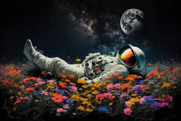 Wall Mural - astronaut or space man relaxing on a planet on a beautiful field of flowers. freedom and creativity 
