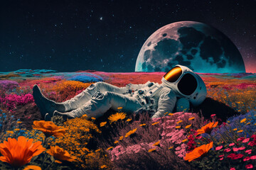 Wall Mural - astronaut or space man relaxing on a planet on a beautiful field of flowers. freedom and creativity 