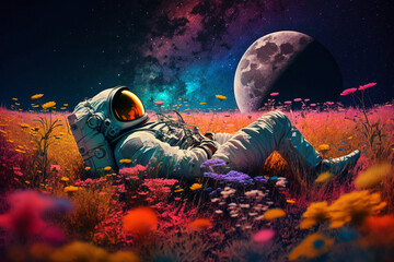 Wall Mural - astronaut or space man relaxing on a planet on a beautiful field of flowers. freedom and creativity 