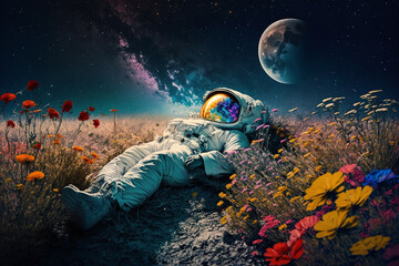 Wall Mural - astronaut or space man relaxing on a planet on a beautiful field of flowers. freedom and creativity 