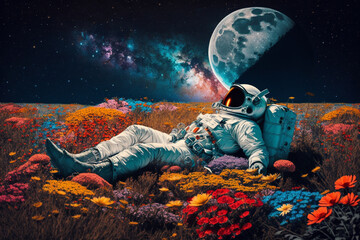 Wall Mural - astronaut or space man relaxing on a planet on a beautiful field of flowers. freedom and creativity 